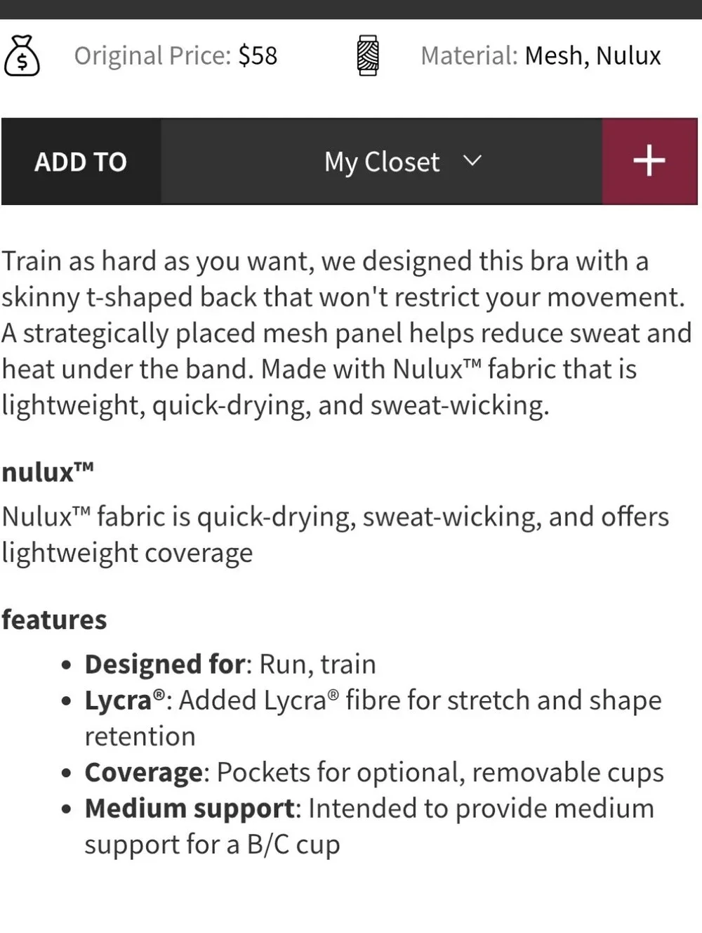 Lululemon Break Free Bra in Light Grey Sz 6 B/C Cup